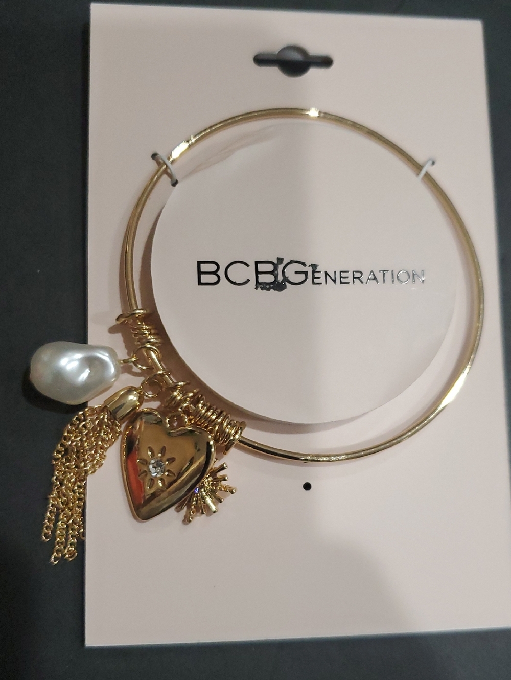 BCBGENERATION gold tone organic pearl tassel sunburst charm bangle bracelet new
